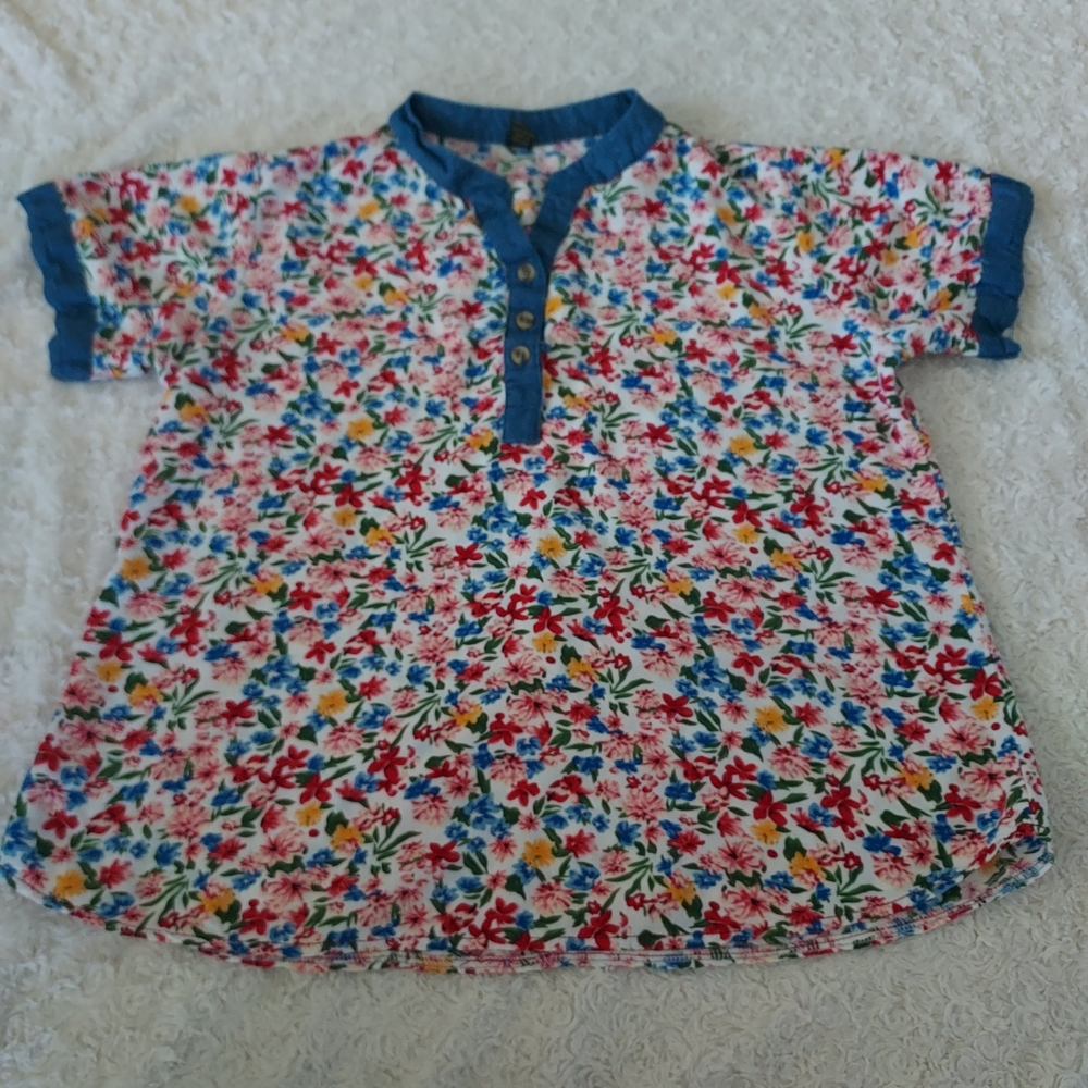Vibrant Floral Chambray Cotton Button Down Popover Cottagecore Prairie Ditsy